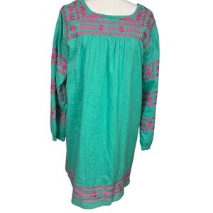 J. Marie Embroidered Boho Swing Mini Dress Green Pink Peasant Size Large